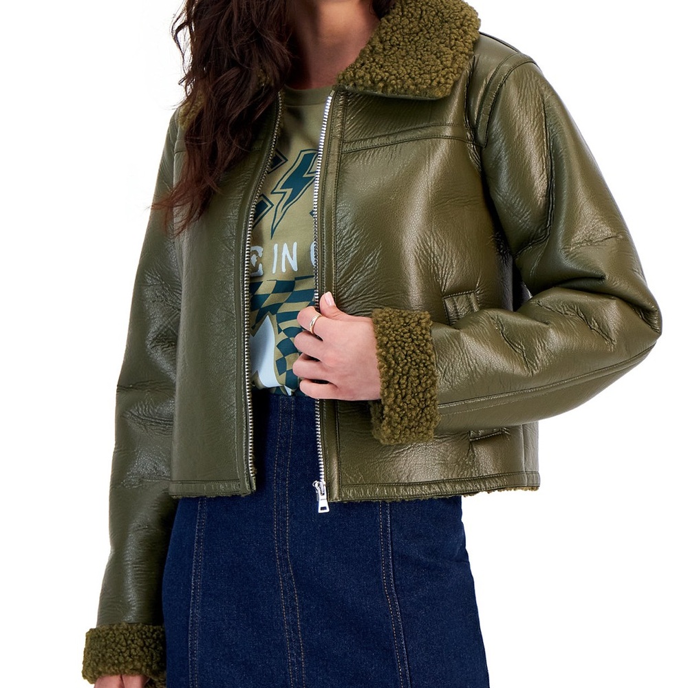 Junior’s cropped faux-Leather jacket. Olive/ Medium 
BRAND NEW-NEVER WORN NWT